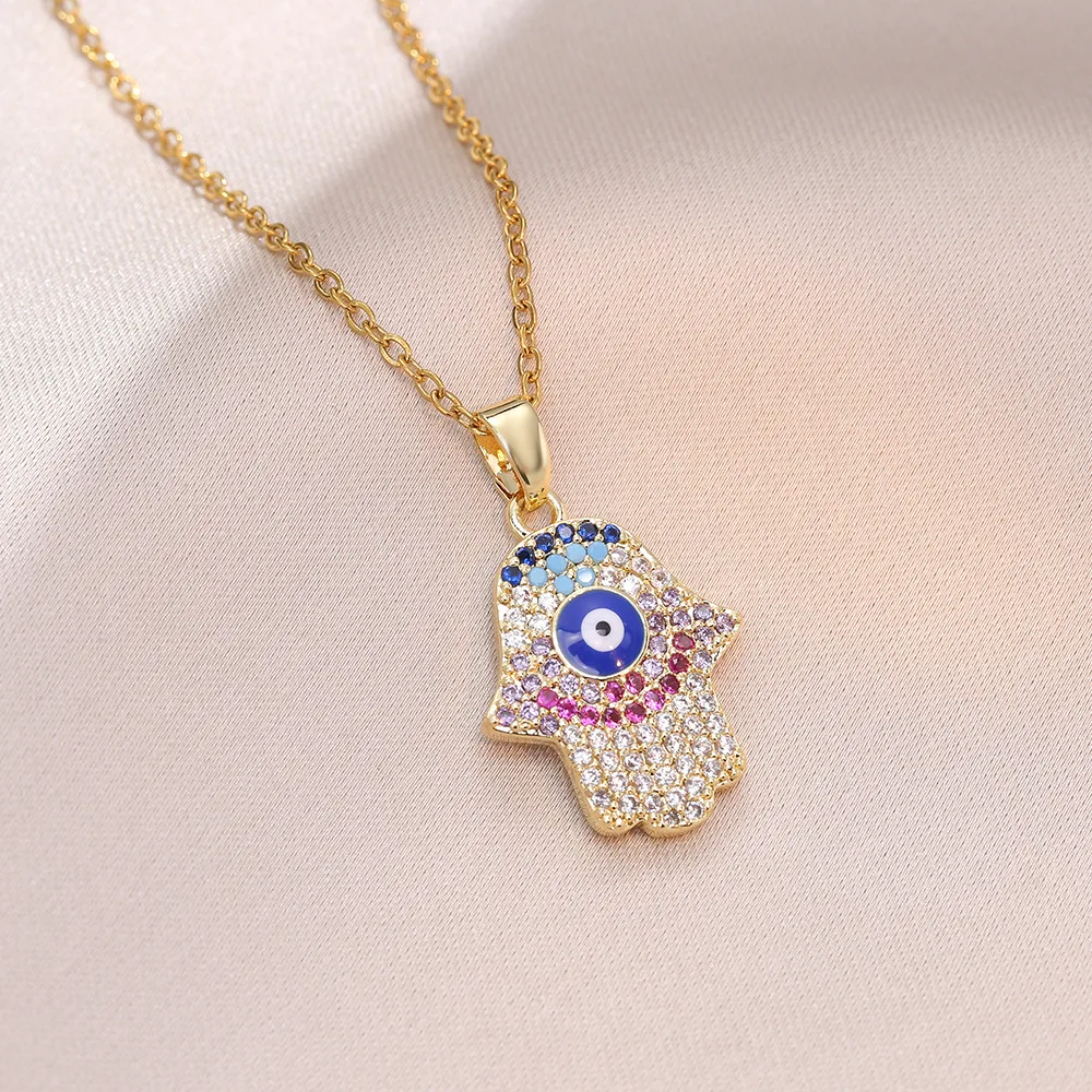 Multi-color Zircon Filled Blue Turkish Demon Eye Hamasa Hand Stainless Steel Hand of Fatima Necklace Women Jewelry collare mujer