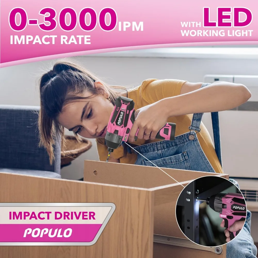 مجموعة أدوات لاسلكية مدمجة 12 فولت للسيدات: بطاريتين، مثقاب، محرك صدمي، وأداة دوارة