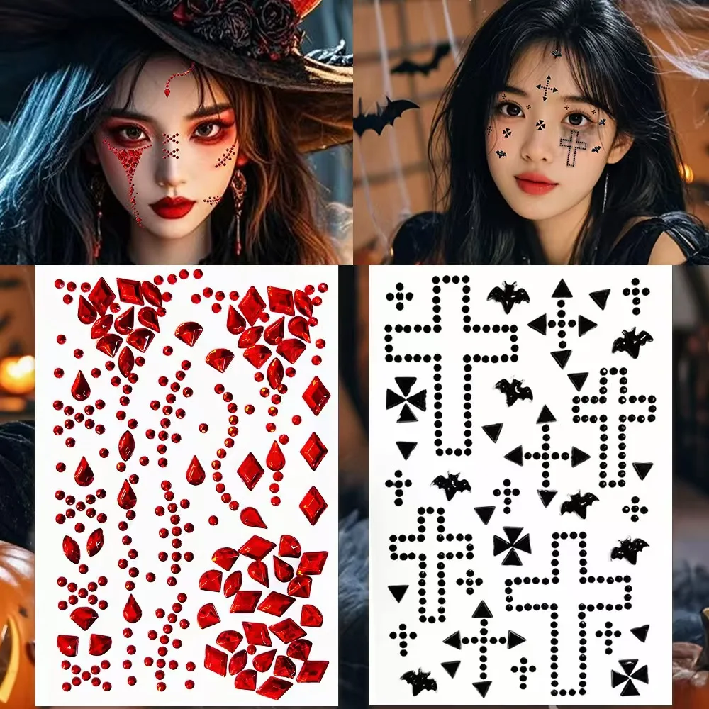 Pegatinas faciales de Halloween con diamantes rojos y negros, diamantes brillantes, imitación terrorífica de cicatrices de plasma reales y falsas y