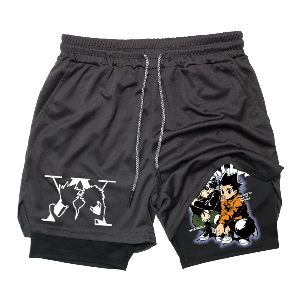 Pantalones cortos de Anime Hunter x Hunter para hombre, 2 en 1, transpirables, de secado rápido, absorben el sudor, deportivos, para gimnasio y trotar