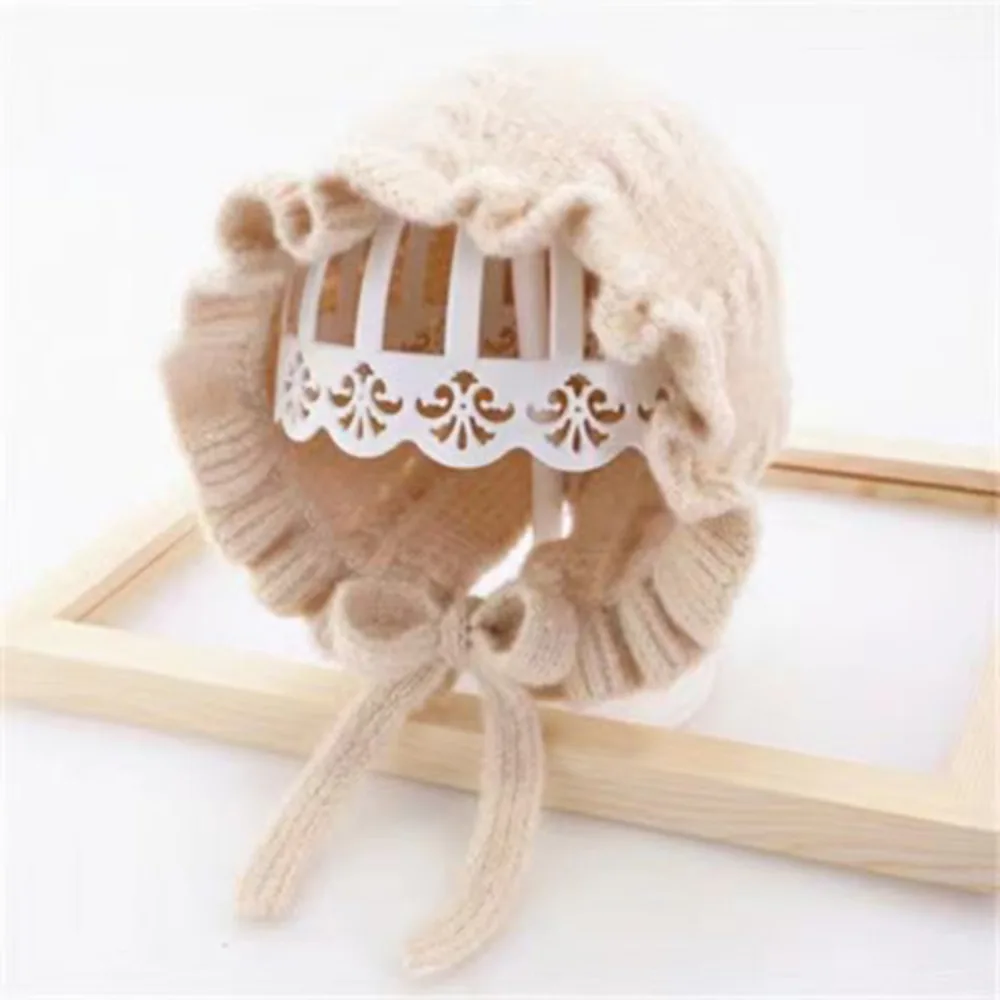 

Cute Autumn and Winter Infant Hat Warm Adjustable Knitted Hat Ear Protection Lace Edge Woolen Hat 0-2Years