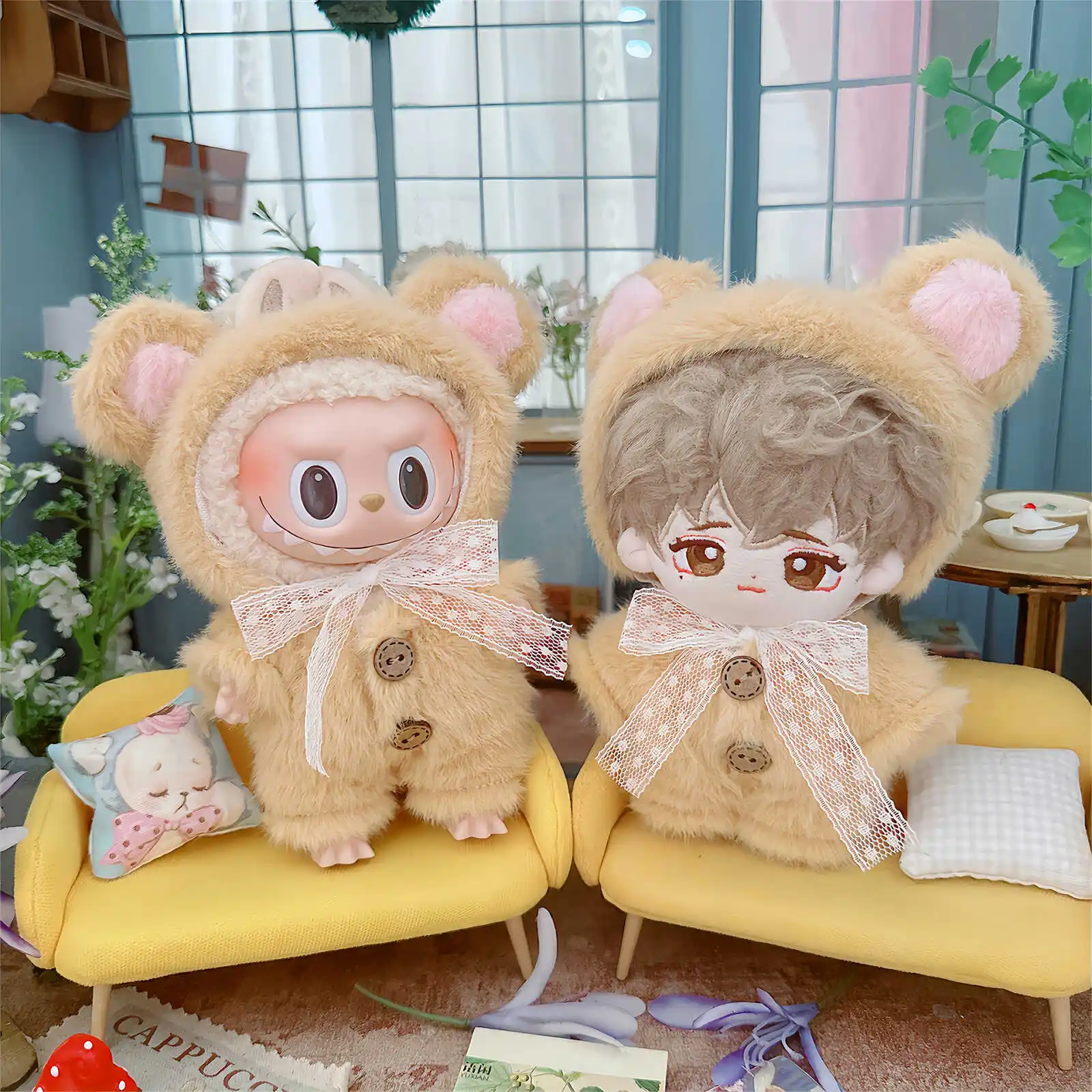 10cm Kawaii Idol Doll Clothes Cute Soft Fluffy Teddy Bear Doll Clothes 2Pcs Set Plush Doll Clothes Accessories Girls Kids Gifts