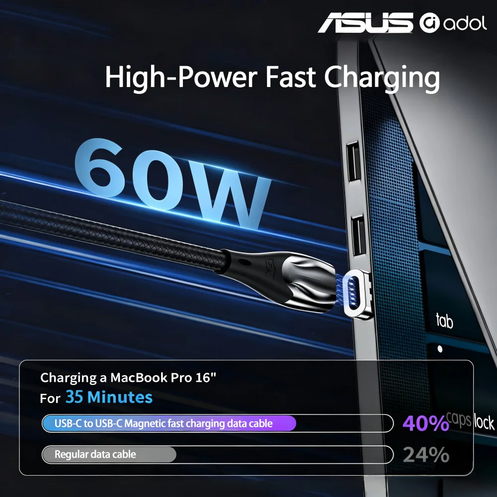 ASUS 2in1 USB C to Type‑C/L Magnetic Cable PD 60W 4.9ft Fast Charging  Nylon Braided For iPhone 17 16 15ProMax Phone iPad Laptop
