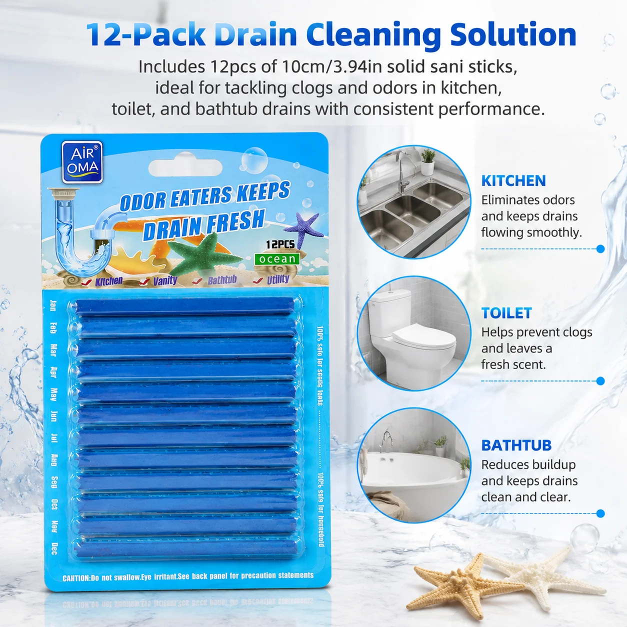 Pack of 12 Pipe Cleaner Drain Cleaner Sticks Sink Drain Cleaner Sticks Stop Smelly & Clogged Drains Enzyme Cleaner for Shower