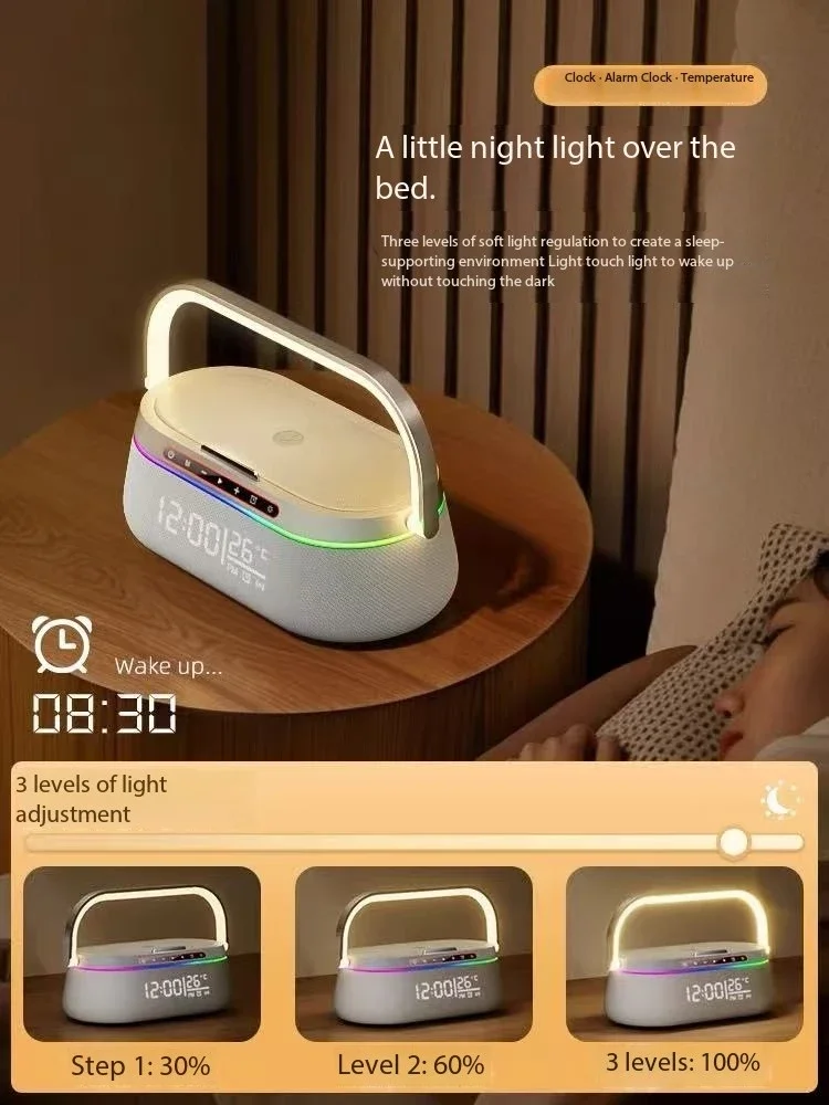 Novo despertador led recarregável com carregador sem fio de 15w, alto-falantes bluetooth e função de luz noturna ideias para presentes para decoração
