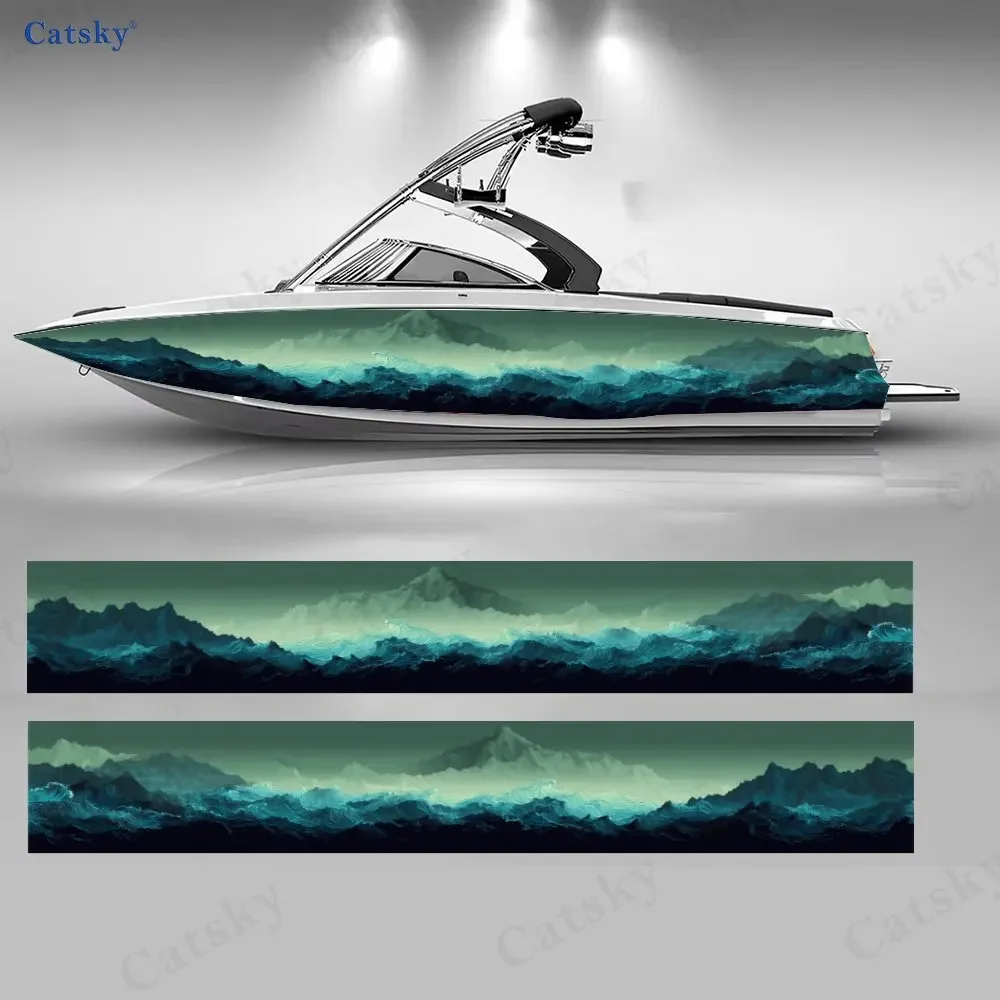 2Pcs Layered Green Waves Boat Stickers, PVC Waterproof Durable Vinyl Wrap Decals for Fishing Boats, Durable and Stylish Design