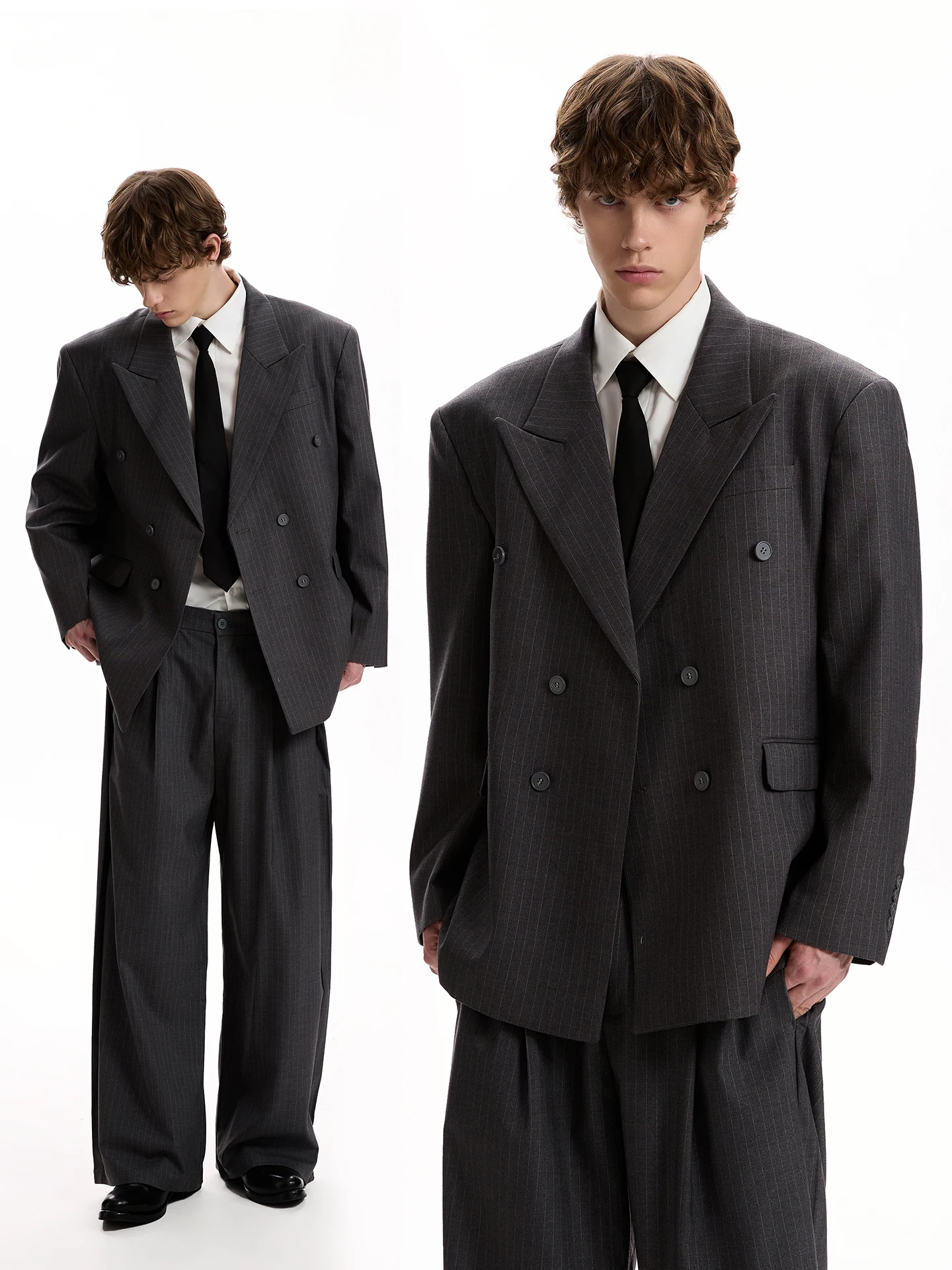 

Американский ретро-костюм с двойной пуговицей, повседневный, с 3D-шитьем Cleanfit, для офиса, свободный крой, длинный рукав, в полоску