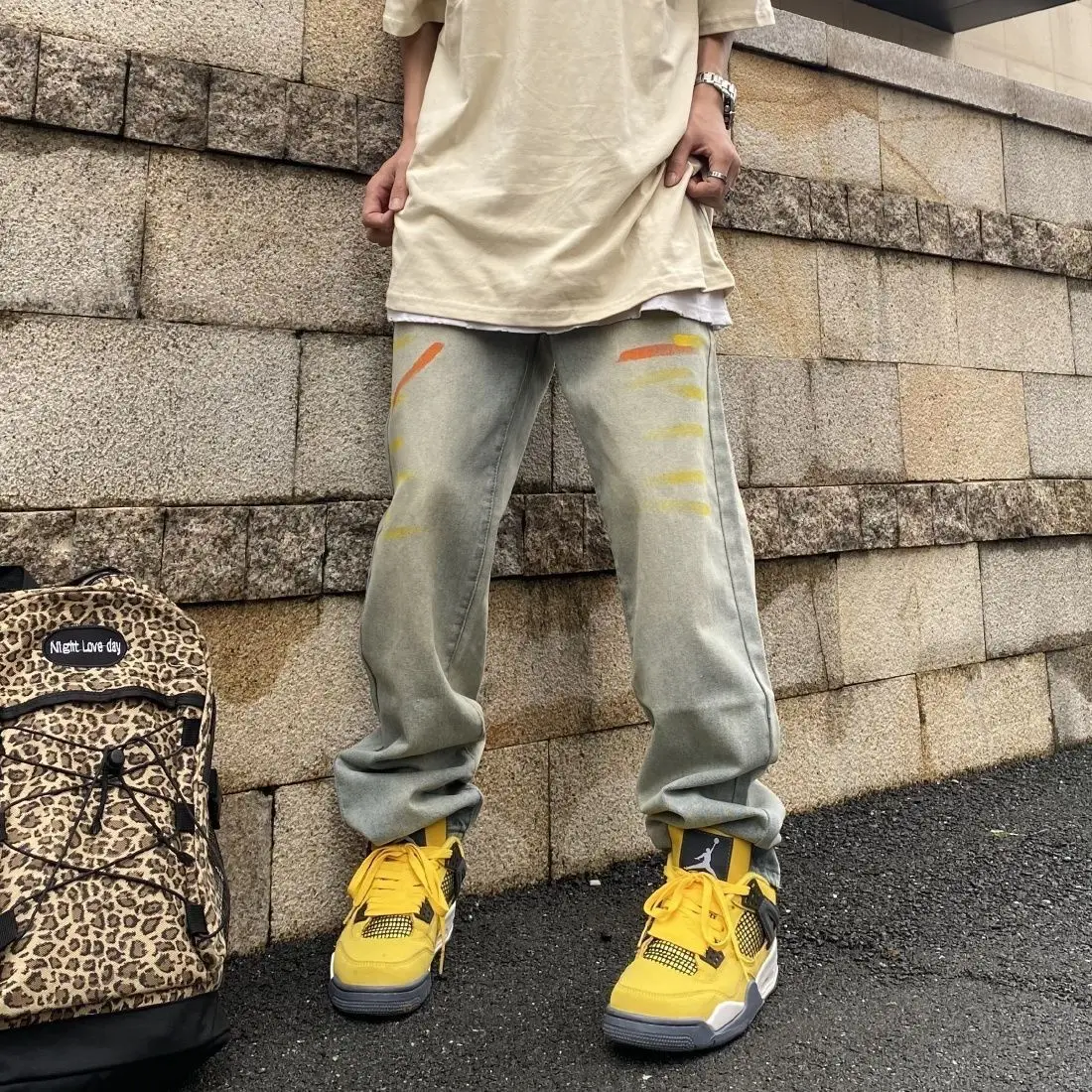 

American Vibe Style Pants High Street Trendy Men'S Splashed Ink Yellow Mud Vintage Jeans Hiphop Straight Leg Pants