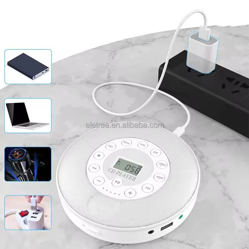 ELETREE Portable BT CD Player Rechargeable Built in Speakers MP3 WMA Support English Learning Travel Audio Stereo Music Player