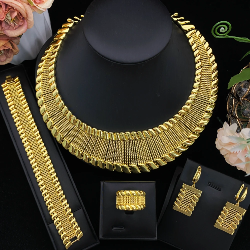 

JRH повседневная одежда, роскошные ювелирные изделия, комплект из 4 предметов, позолоченное латунное ожерелье, серьги, браслет, комплект колец для женщин, элегантный подарок