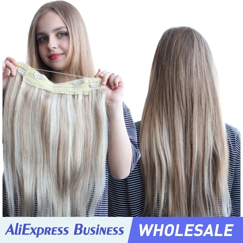 Wholesales Invisible Clip in Hair Extensions Human Hair Fish Wire Line 4 Clips Real Natural Hairpieces 12