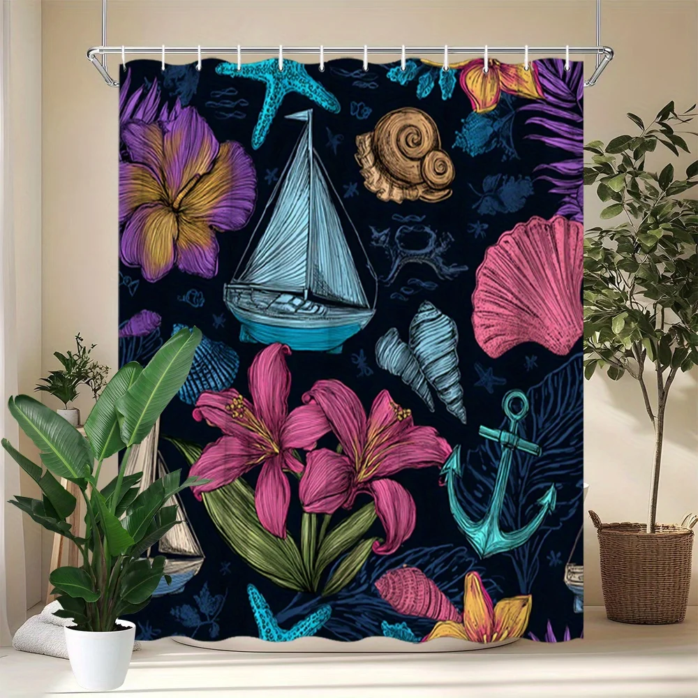 

1pc Nautical Floral Shower Curtain - Vibrant Watercolor Sailboats, Lilies, Seashells & Starfish Design on Navy Blue Background,