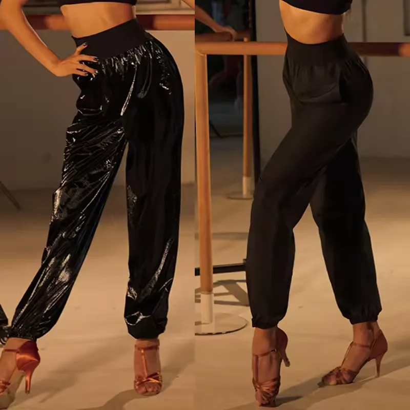 

New Latin Dance Trousers Women High Waist Glossy Black Loose Pants Chacha Rumba Dance Practice Wear Training Clothes