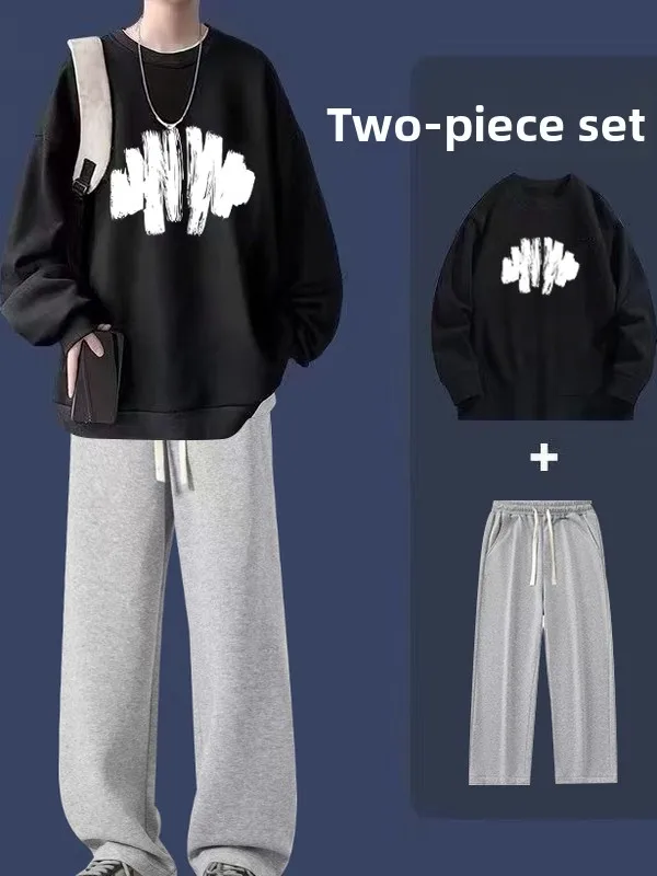 

Мужской повседневный спортивный костюм: свитшот с круглым вырезом и свободные брюки прямого кроя, модный комплект из двух предметов больших размеров, осенний, с длинным рукавом