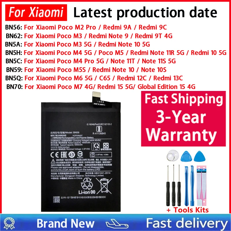 2026 Years Original BN5A BN5Q Battery For Xiaomi Poco M2 M3 M4 Redmi Note 9 9A 9C 9T 10 10S 11R 11T 11S 12C 13C 15 4G 5G Pro