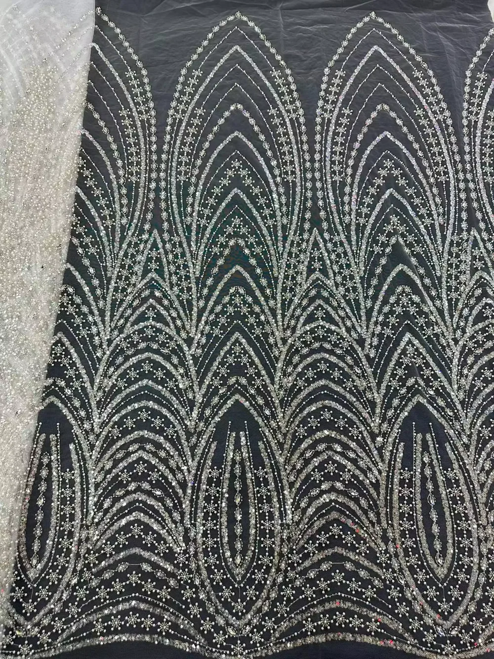 

Mesh Beaded African Lace Fabric High Quality Dynamic Chain Sequin Embroidery Pattern Home Decor Wedding Dress Fabric 5 yards