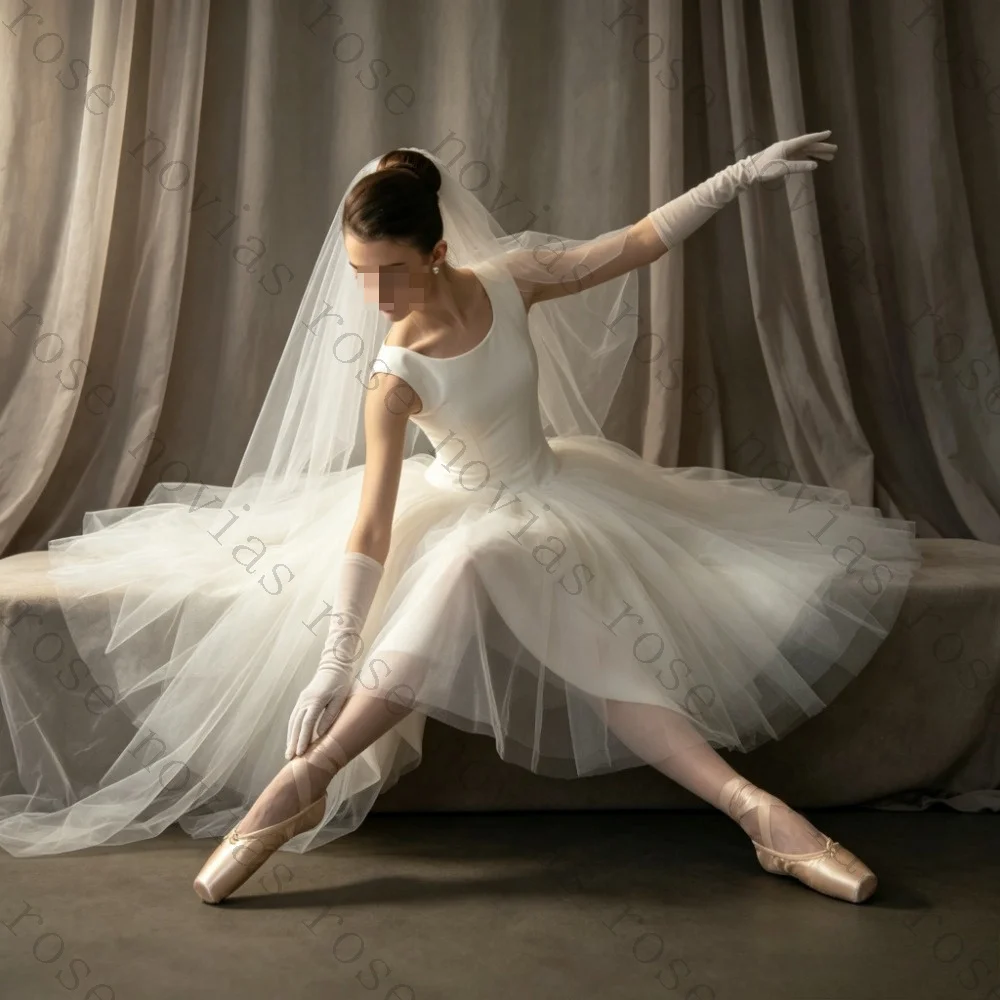 Customized Sleeveless Boat Neck Satin Tulle Midi Wedding Dresses Ballet Core A Line Vintage Minimalist Elopement Bridal Gowns