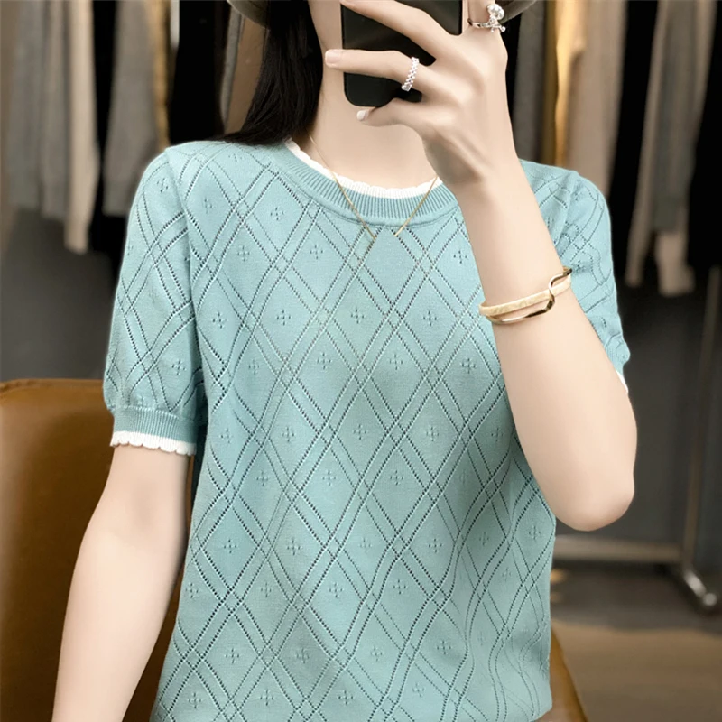 Women O-Neck Short Sleeve Knitted Sweater Shirt Hollow Out Geometric Pullover Tops Solid Slim Cotton Blouse Clothing Female