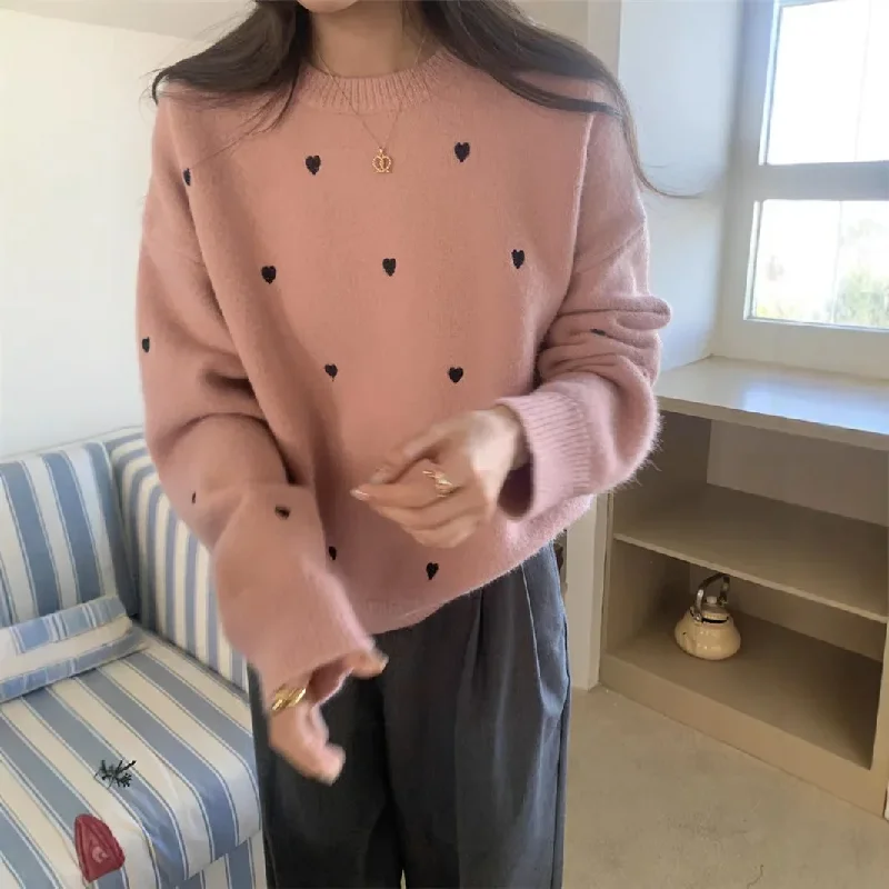 여성용 러브 프린트 풀오버, O넥, 느슨한 부드러운 스웨터, 프렌치 스위트, 레이지 캐주얼 니트 탑, 가을, 겨울