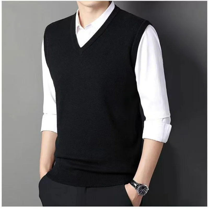 Fashion Men Solid Warm Sweater Vest Spring Autumn New Business Casual Versatile V-Neck Slim Bottoming Knitted Sleeveless Tops