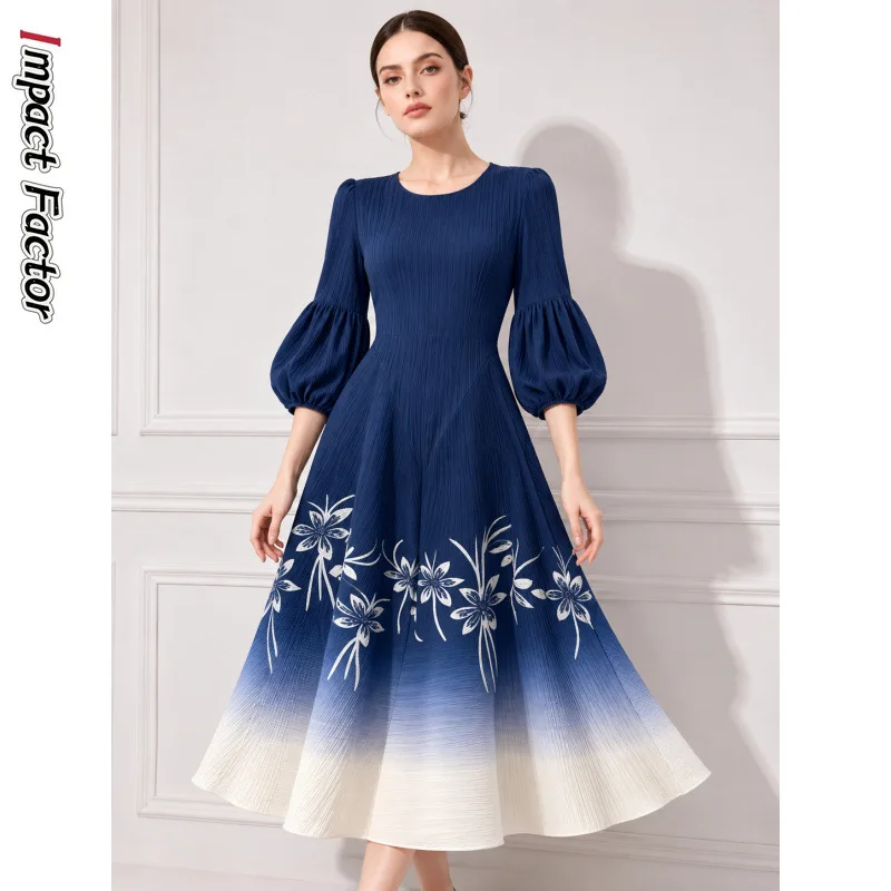 Miyake Pleated Round Neck Lantern Sleeve Dress Women's Print Gradual Change Big Swing Thin Elegant Medium and Long Dress