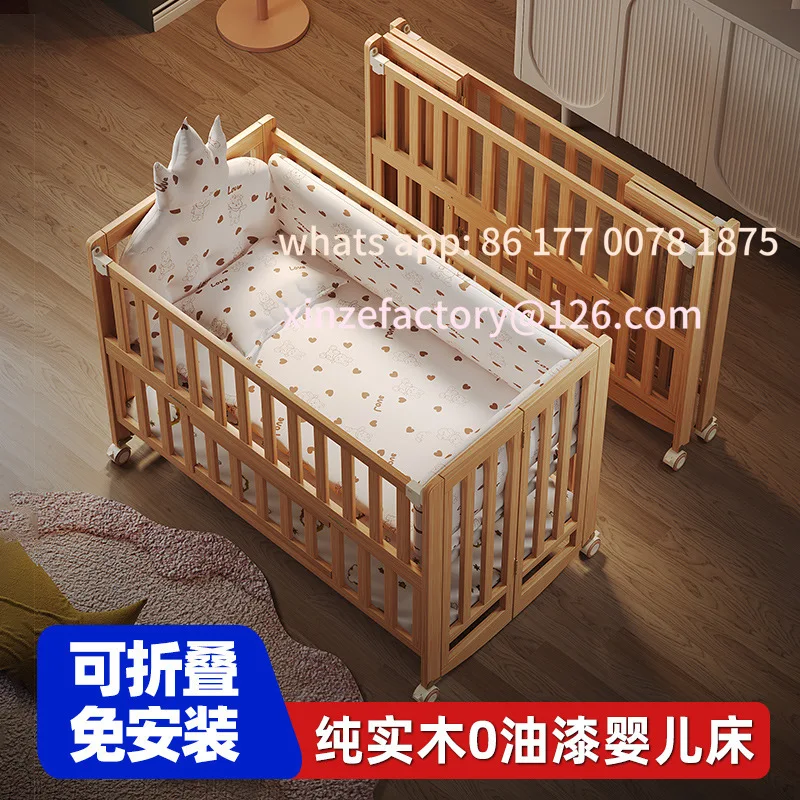 Customizable crib Foldable solid wood unpainted removable crib Multifunctional newborn splicing bed
