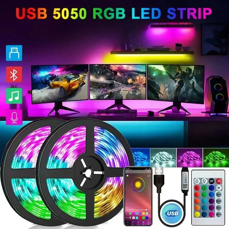 Fita LED flexível, USB, Bluetooth, RGB, 5V, Luzes LED, Ice String, Lâmpada, Fita, TV, Desktop, Luz de fundo, Fita de diodo, 5050