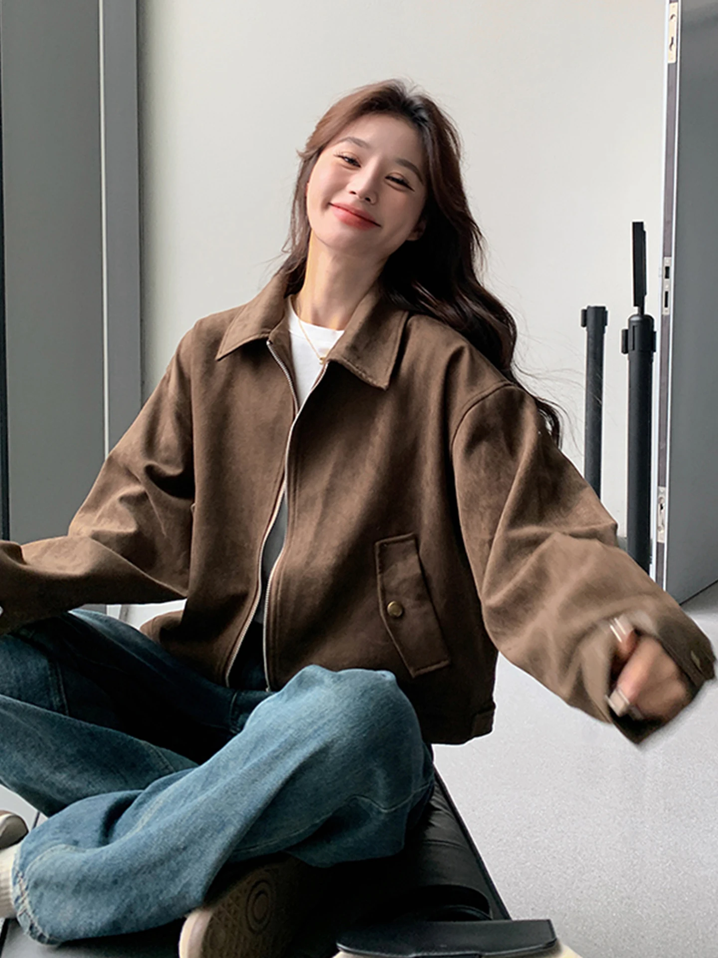 

American Retro Suede Jacket Women's Spring Autumn Winter Short Motorcycle Jacket Coffee Color Outerwear Casual Loose Fit