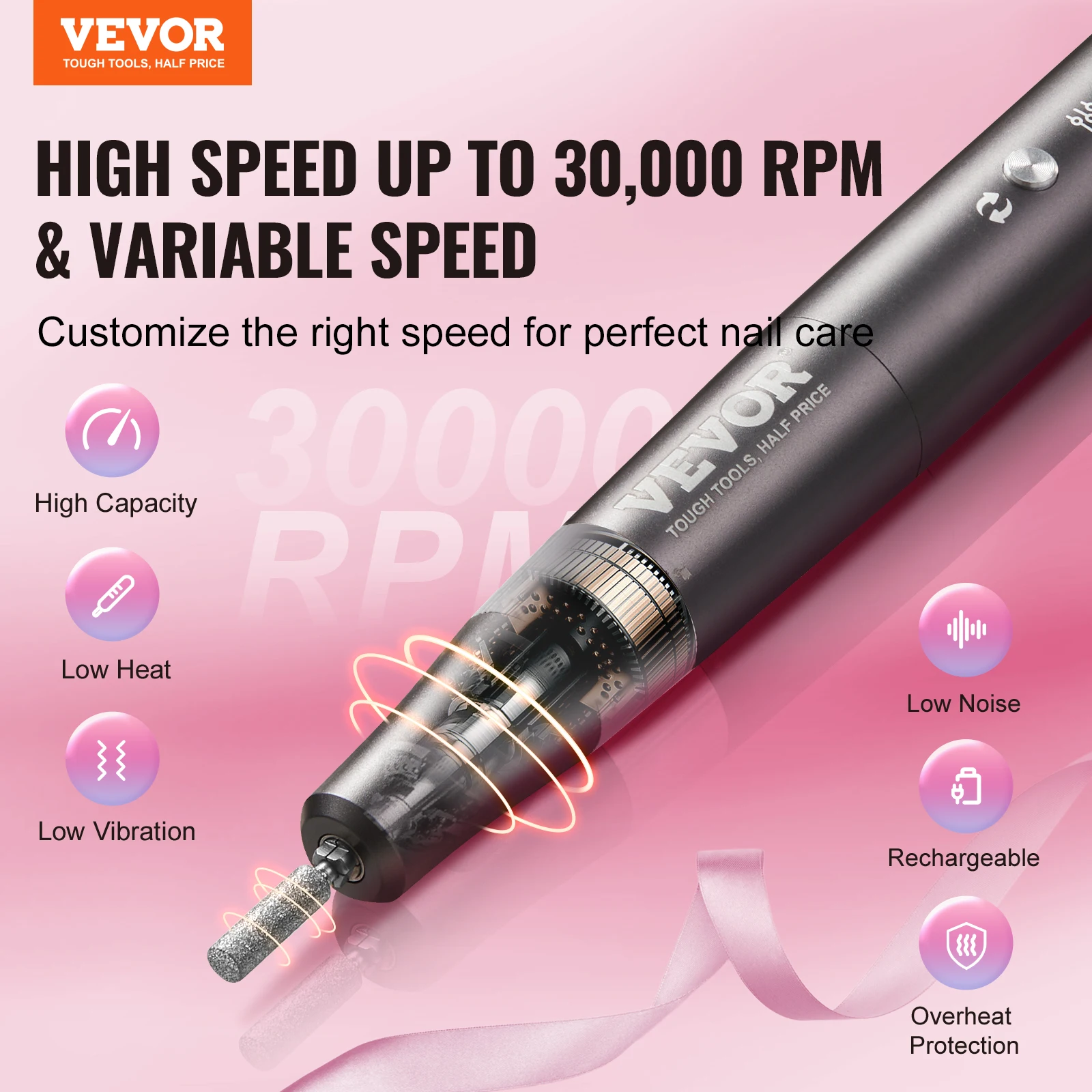 VEVOR Electric Cordless Nail Drill 30000RPM Variable-Speed Portable Manicure Pedicure Polisher for Dead Skin Remove Nail Surface