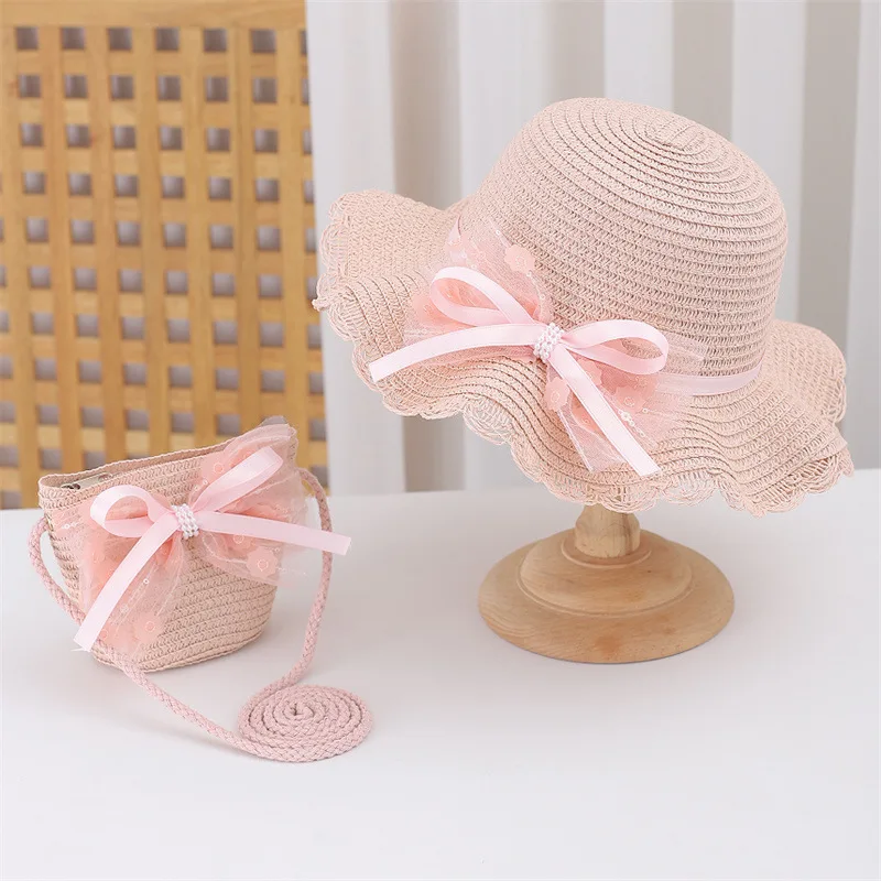 Kid Baby 2 Pieces Set Straw Hat and Handbag Summer Little Girl Children Bowknot  Sun Cap Panama For Outdoor Beach Party Holiday