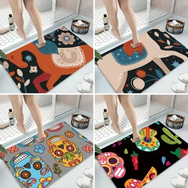 Cartoon Skull Pattern Bath Mat Kitchen Non Slip Diatom Mud Floor Rugs Super Absorbent Bathroom Carpet Home Laundry Room Decor