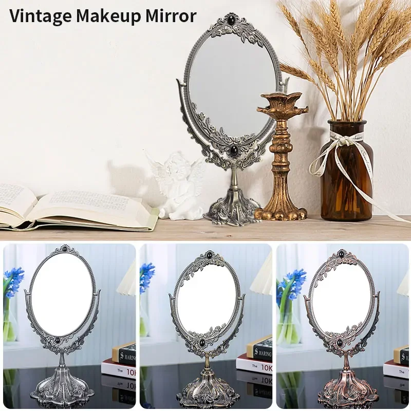 Double-sided Vintage Makeup Mirror Rotatable European Desktop Mirror Oval Makeup Mirror Bedroom Living-Room Dresser Decoration