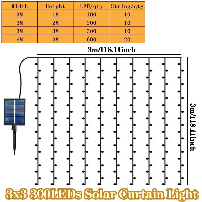 Fairy Curtain LED Lights String Solar 8 Modes Lighting Outdoor Light Up Your Garden Christmas Sun Umbrella Inner Court Wedding