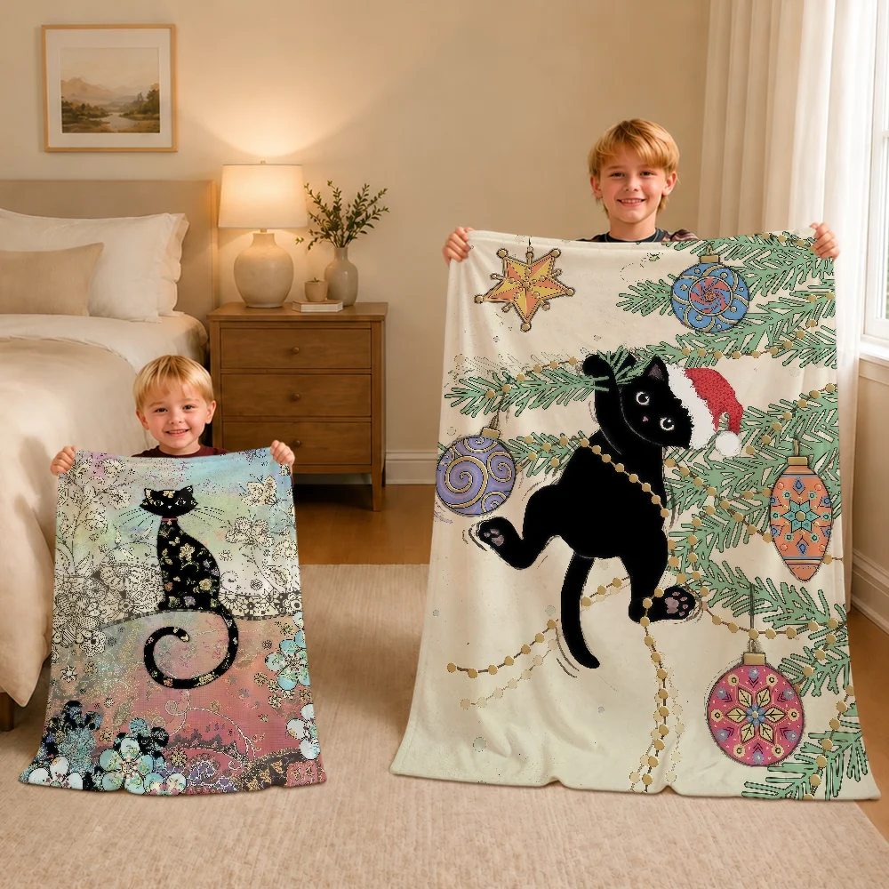 Vintage Black Cat Christmas Jane Crowther Warm Soft Plush Blanket For Sofa Living Room Nap Home Bedroom Gift Flannel Pet Hogar