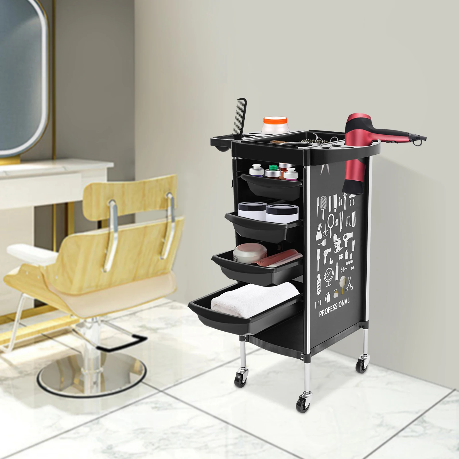 Stylist Beauty Trolley Hairdresser Salon Cart Barber Shop Tool with Wheels and 4 Pull-out Drawers Black