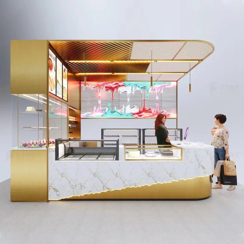 FL Customized Supermarket Mall Gold Shopping Center Coffee Kiosk Ice Cream Kiosk Chocolate Food Kiosk Stand for Mall 2026 New