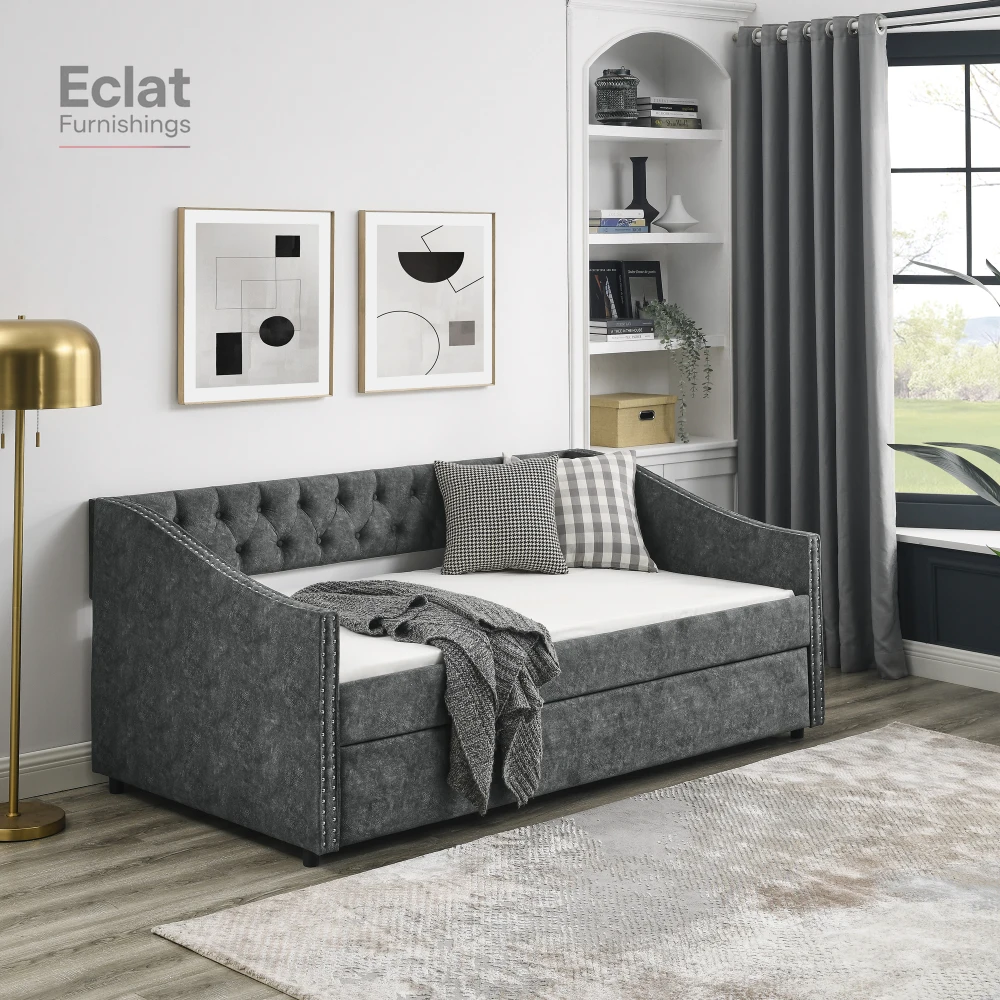 

Twin Size Daybed with Twin Size Trundle Upholstered Tufted Sofa Bed,with Button on Back and Copper Nail on Waved Shape Arms,Grey