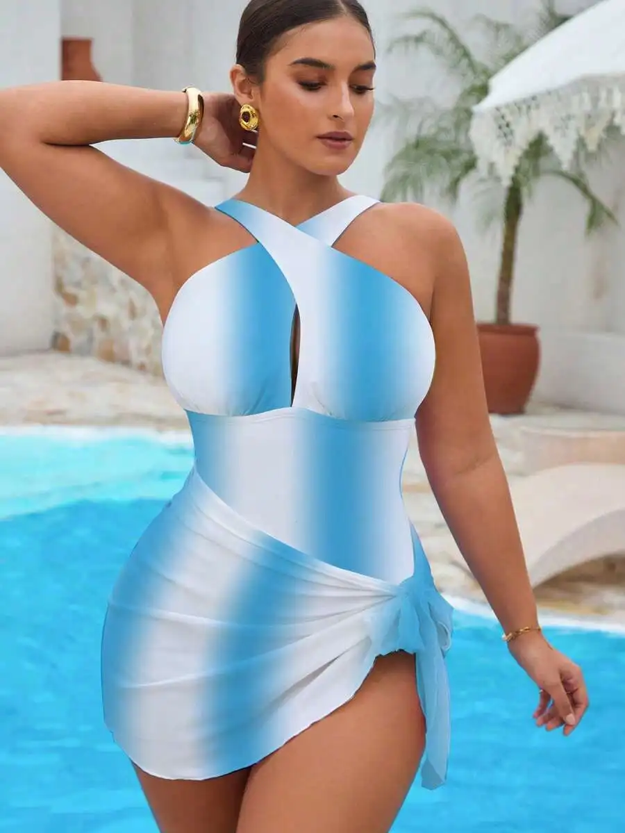

One Piece Halter Swimsuit With Wrap Skirt Gradient Blue White Beach Resort Swimwear