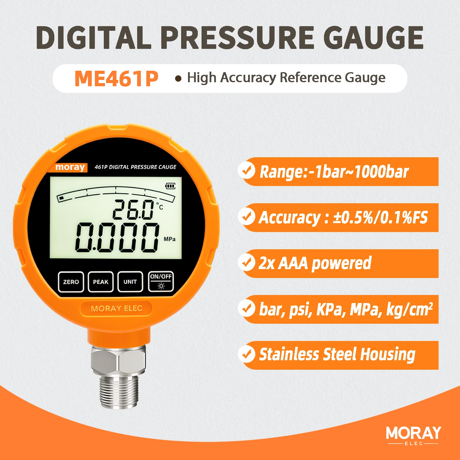 Moray ME461P OEM OBM LCD Meter Manometer Stainless Steel Intelligent Water Gas Hydraulic Digital Vacuum Pressure Gauge