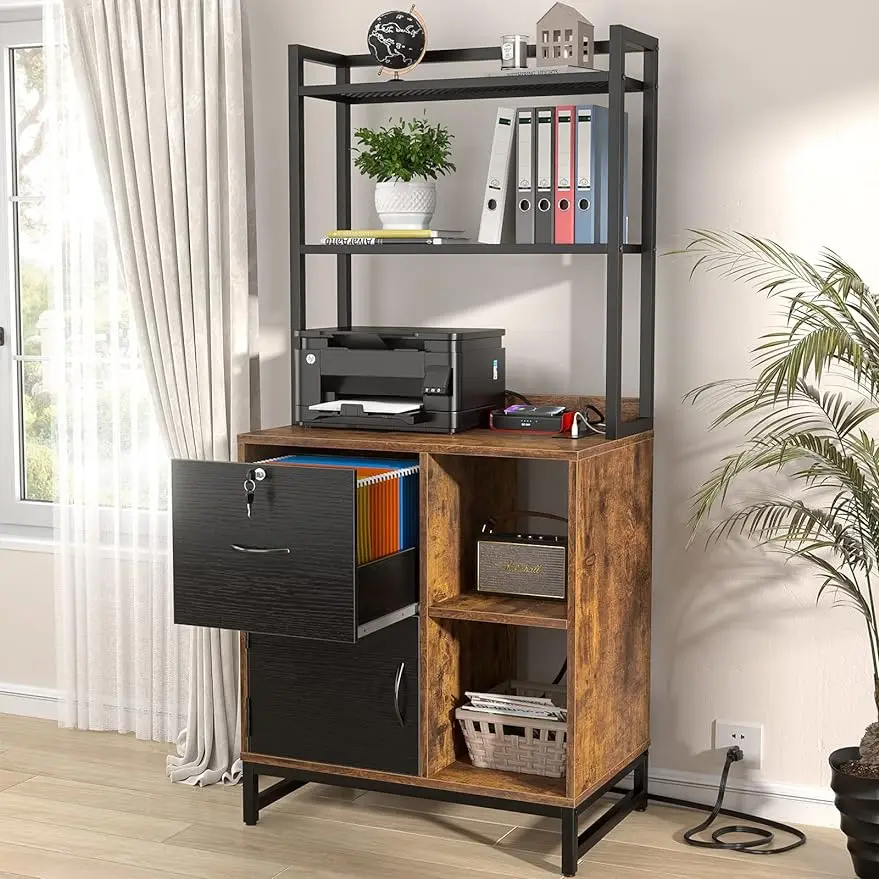 

Vertical Filing Cabinet with Lock & Charging Station Large Drawer Wood File Cabinet with Bookshelf Printer Stand