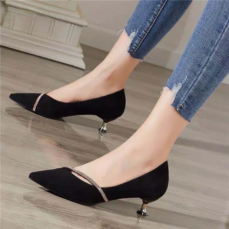 

One Word Oblique Strap New Low-heeled Shoes Women's All-match Small Fresh Rhinestone Pointed Shoes Zapatos De Mujer Pumps