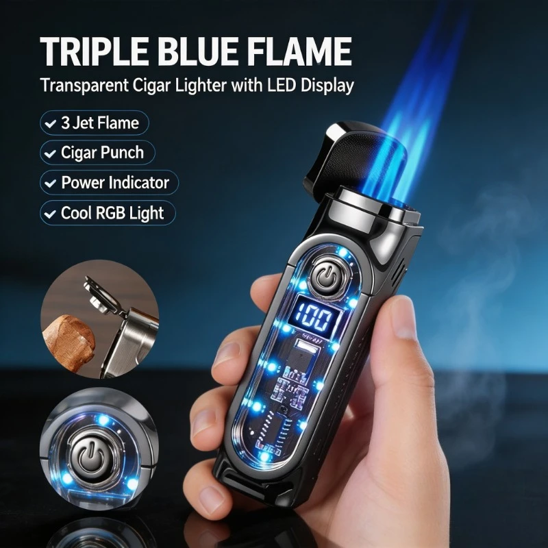 New Cigar‑Specific Three Direct Flame Inflatable Lighter,Practical Multifunctional Cigar Accessory,Elegant and Exquisite Holiday