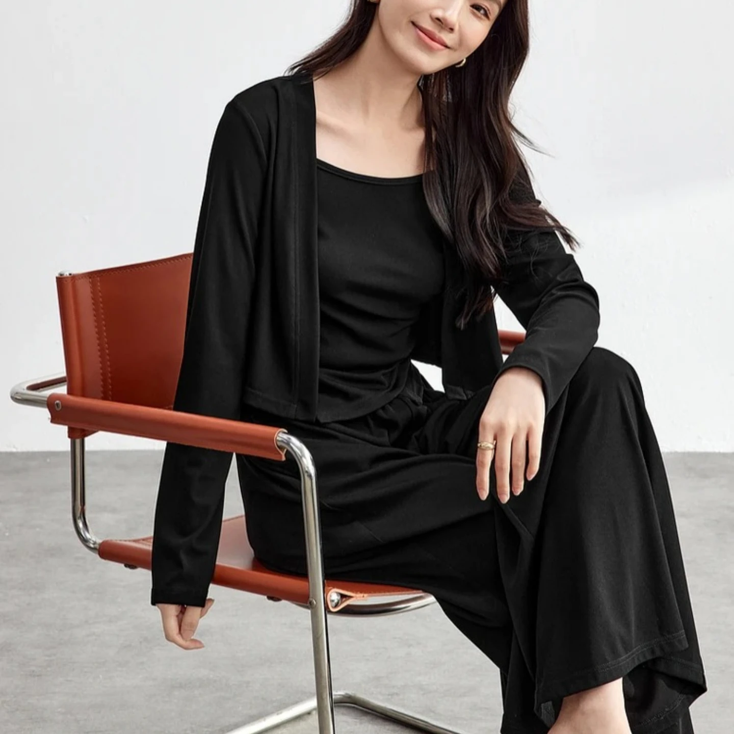 SENTUBILA Women Elegant 3 Piece Set 2026 Irregular Folds Knitted Crop Cardigan Vest Top High Waist Wide Leg Pant Set 123C42975