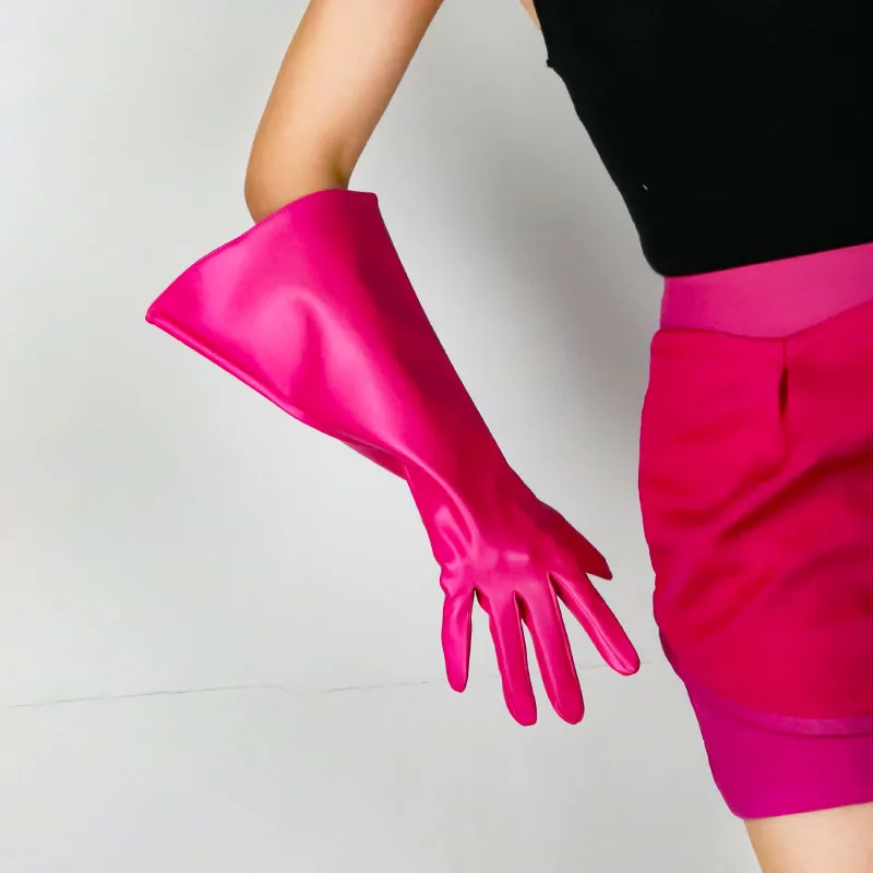 15 Zoll (38 cm) lange modische Handschuhe aus Kunstleder, PU, hellviolett, Lavendel, Flieder, Puffärmel, weit, locker, große Größe, Nachtclub, sexy – Detail 33