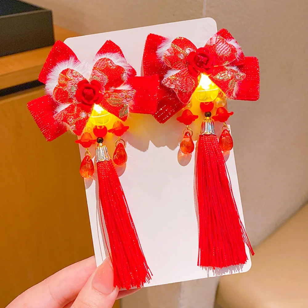 Plush Ball Ancient Style Children's New Year Hairpin Red Bow Luminous Hair Clips Wig Braid Princess Girls Hanfu Headwear Kids