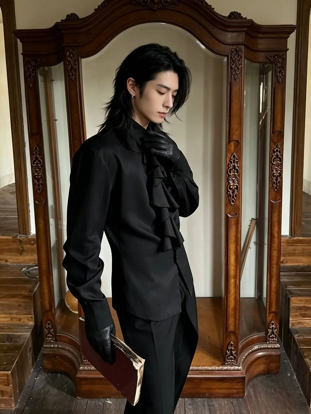British Court Style Lotus Leaf Edge Shirt Fashion Elegant Vintage Solid Color Wedding Men's Detachable Collar Long Sleeved Shirt