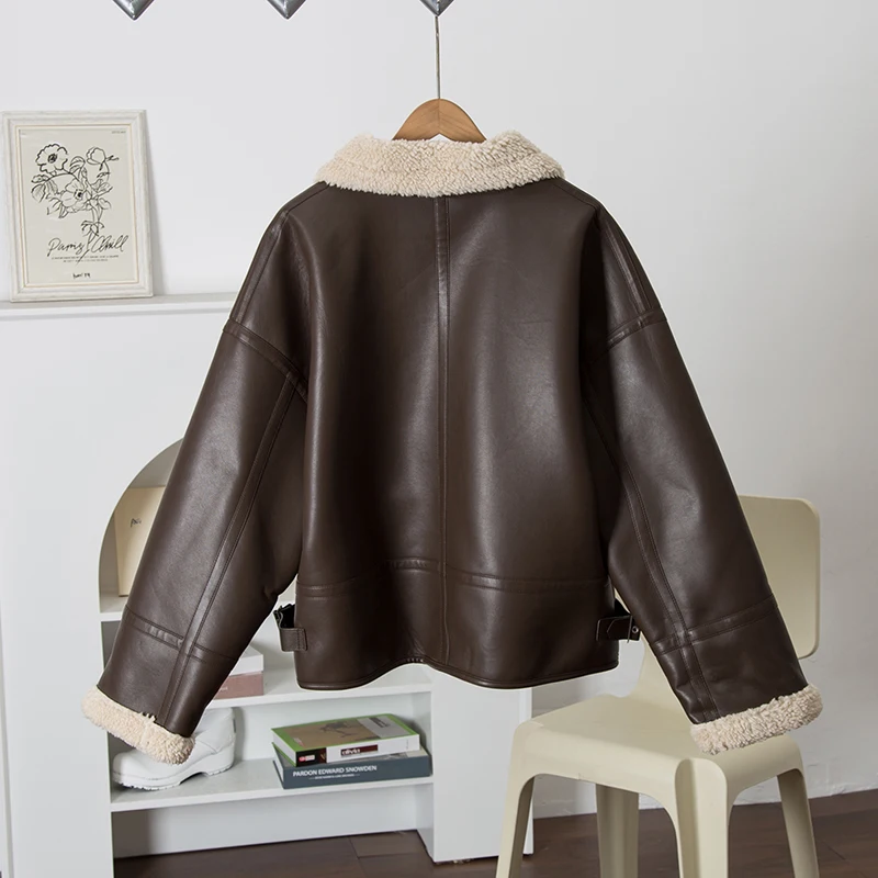 

Changu Soft Thiened Lamb Velvet Motorcycle Jaet Женская верхняя одежда Long Sve Зимнее пальто с отложным воротником