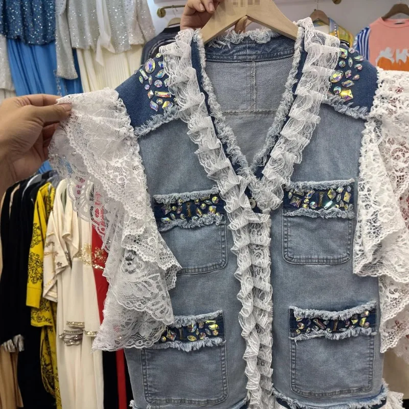 European Station Heavy Industry Rhinestone Lace Denim Vest Jacket For Women