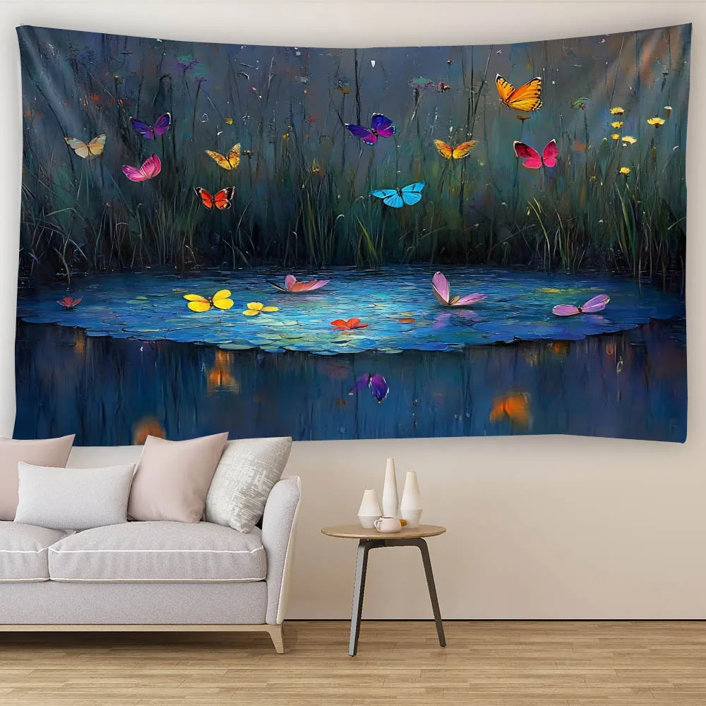 Forest Pond Butterfly Wall Tapestry Lush Jungle Waterfall Sky Theme Bedroom Living Room Decor Oil Painting Background Cloth