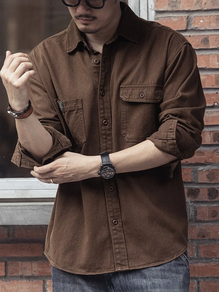 Cool Men's Long Sleeve Workwear Shirt Coffee Color Multi-Pocket Design Trendy Brand Autumn Outerwear Casual Loose Fit Shirt